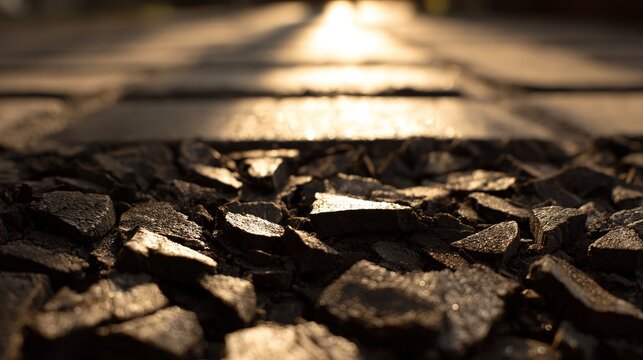 Dried grape pomace fragments scattered on sunlit stone slabs. Golden hour light and shallow depth contrast organic texture with industrial surface
