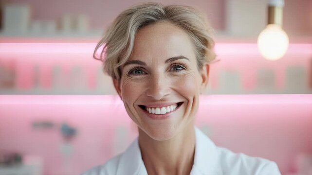 A woman smiles broadly while looking directly at the camera. She is in a well-lit room with soft background colors. Her joy is clear as she shares this personal moment