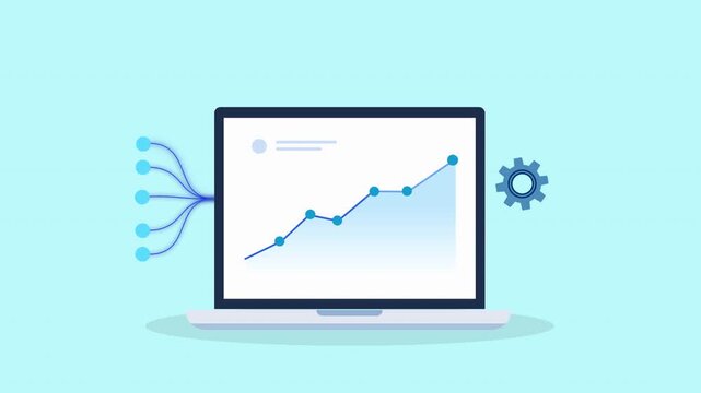 Minimal flat animation of a laptop displaying a rising data chart with incoming data lines and a gear icon, representing analytics, system configuration, and performance optimization.