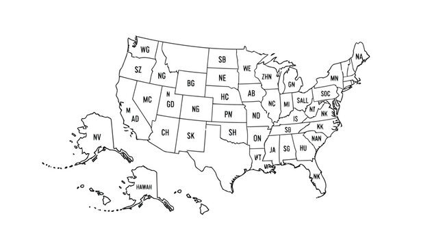 Outline map of the united states of america with state abbreviations