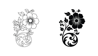 Elegant floral scroll ornament with blooming flower and berry details in outline and solid black silhouette vector set © Oliver