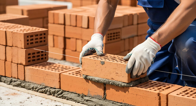 bricklaying worker building a wall with red clay bricks and mortar