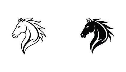 Stylized horse head with flowing mane in outline and solid black vector emblem isolated on white © Oliver