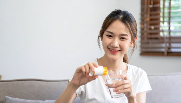 Smiling Asian woman preparing vitamin drink at home.