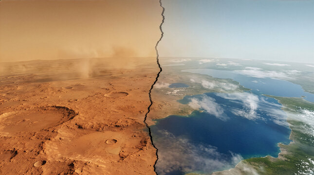 Colonizing Mars, Mars Colony, Mars Terraforming Progress Cinematic Split-View of Red Planet Transforming with Blue Oceans and Clouds, Photorealistic 8K