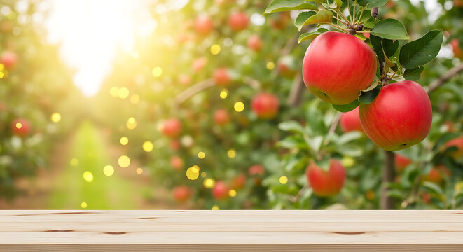 Red apples hanging on a branch with a wooden table in foreground