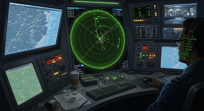 Man in military command center control room.