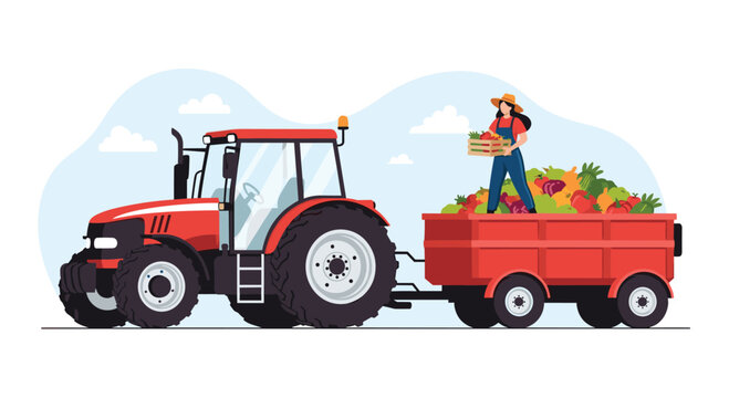 Female farmer stands on a trailer full of fresh vegetables being pulled by a large red tractor in a rural field setting.