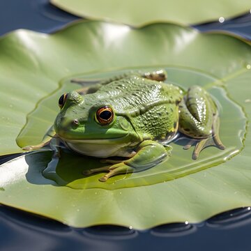 Green Frog Sitting on Lily Pad.
