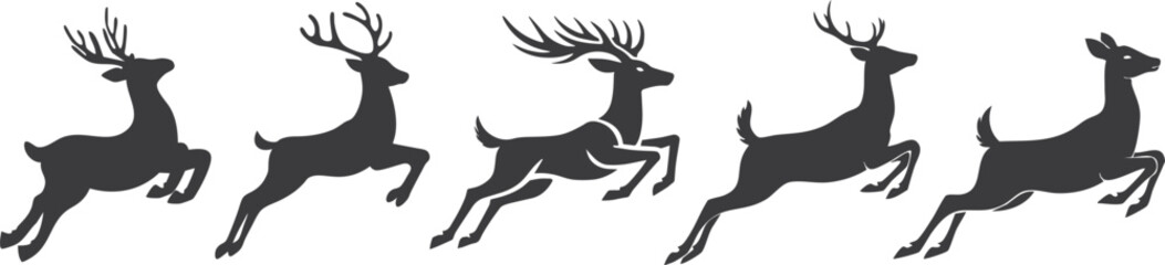 Black jumping deer silhouette set, elegant leaping reindeer collection, perfect for Christmas, wildlife, hunting, winter holiday, and nature logo design. © Sajjit