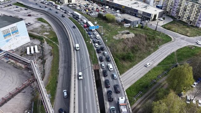 Traffic congestion in Ruzomberok with long queues of cars and urban transport bottleneck in Slovakia
