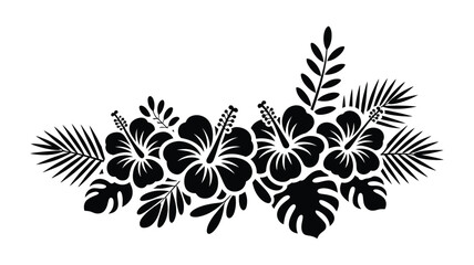 Black and white hibiscus flowers and palm leaves vector illustration, tropical botanical arrangement in monochrome style for summer design, wedding decor, branding, and exotic floral graphics © Gary D. Marlow