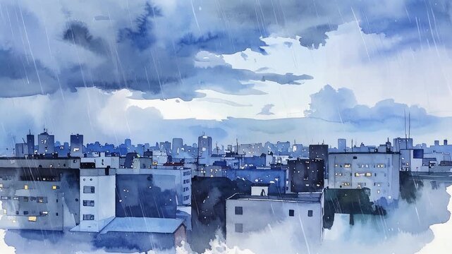 Rainy city skyline with gray clouds above modern urban buildings watercolor painting illustration