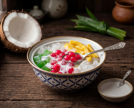 Tub Tim Krob Thai Coconut Dessert with Red Rubies, Pandan Jelly and Jackfruit