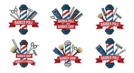 Fototapeta premium Vintage style barber shop logos and emblems collection features barber poles scissors razors and combs in various designs.