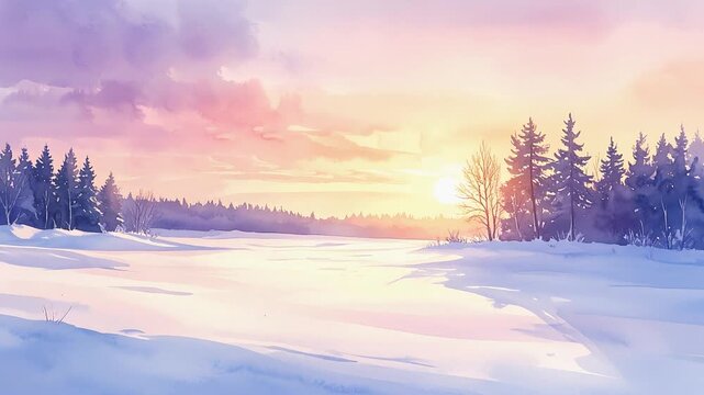 Golden winter sunset shining across snow covered field with pine trees on distant horizon