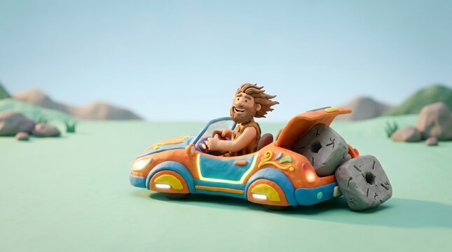 Cheerful Caveman Driving a Modern Futuristic Car with Discarded Square Stone Wheels for Innovation