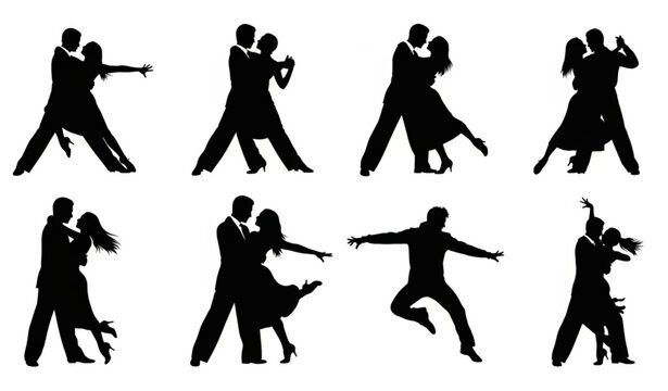 Dancing couple silhouette set with tango salsa and freestyle poses dynamic partner dance collection isolated on white