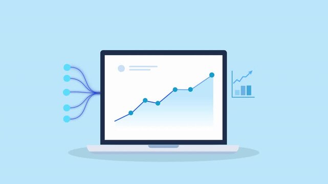 Minimal flat animation of a laptop displaying a rising data chart with incoming data lines and a statistics icon, representing analytics, data analysis, and business performance insights.