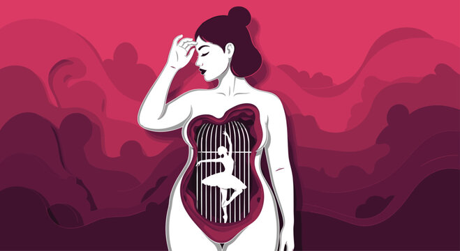 Symbolic illustration of a woman with a ballerina trapped inside a cage in her torso representing themes of inner beauty or restricted freedom.
