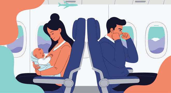 Young mother breastfeeding her infant child in an airplane seat while a male passenger sitting nearby looks visibly uncomfortable.