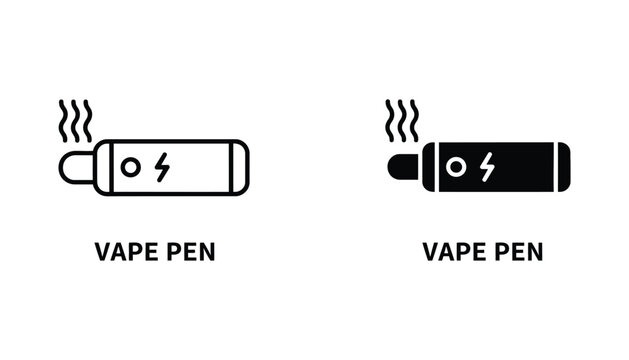 Vape pen device with smoke emission vector icon set in outline and solid black style for vaping product labels and digital interface design elements