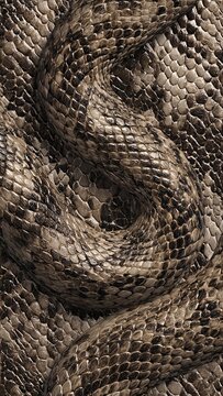 Detailed macro view of a coiled snake's skin, showcasing intricate patterns and scales. Ideal for nature, wildlife, or abstract texture backgrounds.