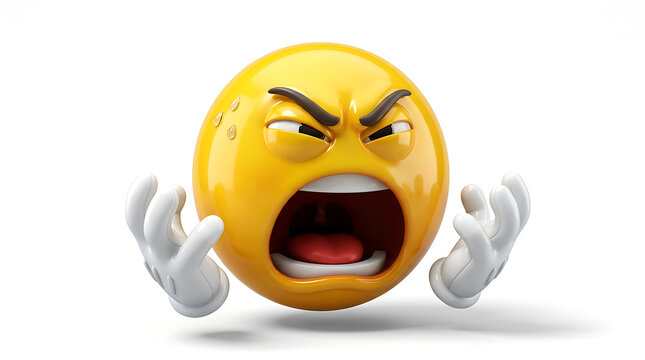 Furious 3D yellow emoji screaming with frustration, hands up, expressing anger and stress on white background