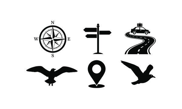 Travel and navigation vector silhouette illustration, journey line art elements collection.