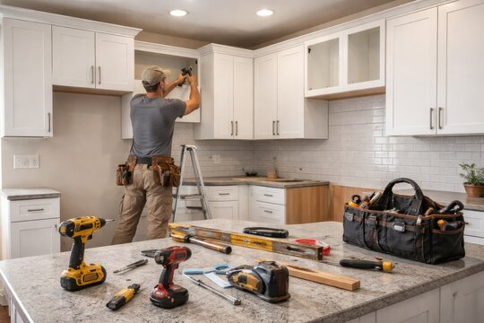 Contractor installing kitchen cabinets during home renovation with tools on island countertop