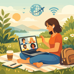 Fototapeta premium Outdoor remote work video call in nature with laptop coffee and travel connectivity