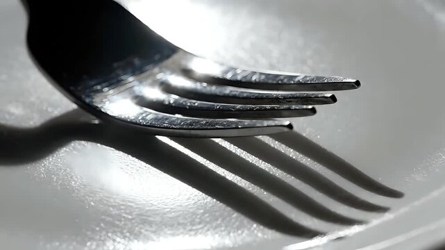 Closeup of a fork casting a shadow on a white plate.