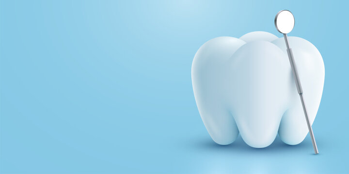 Dental care concept with a large white tooth and dentist mirror.