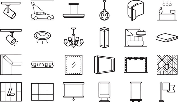 Collection of various light fixtures icons and interior elements for interior design, showcasing a comprehensive collection of diverse lighting fixtures and design elements.