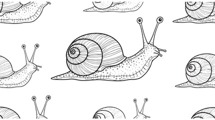 Snail line art pattern with black shell stripes, dots body texture, and seamless repeating wallpaper style featuring repeat, monochrome, antennae © skakter24