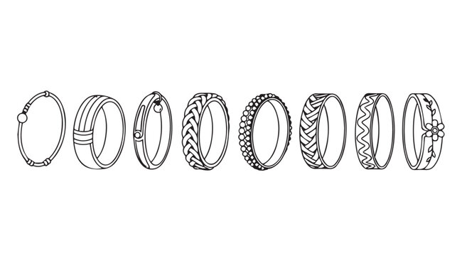 Eight intricately designed bangles arranged in a clean line on a white background