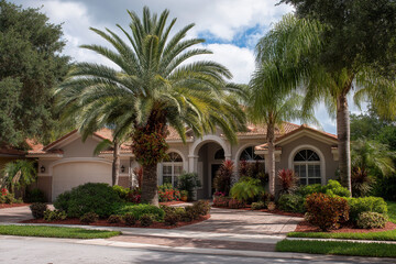 Fototapeta premium beautiful home in florida with palm trees and landscaping, 