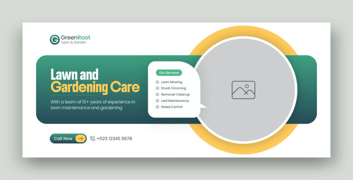 Lawn care and gardening services social media facebook cover or web banner design template 