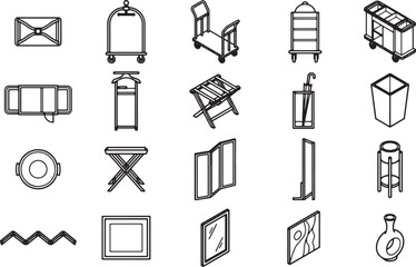 Fototapeta premium A collection of various hotel icons, illustrating a range of service amenities, each uniquely designed in a clean, consistent line style.