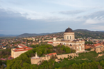 Fototapeta premium Aerial view of the renovated Esztergom Basilica, the Cathedral of Our Lady and St. Adalbert, the largest church in Hungary.