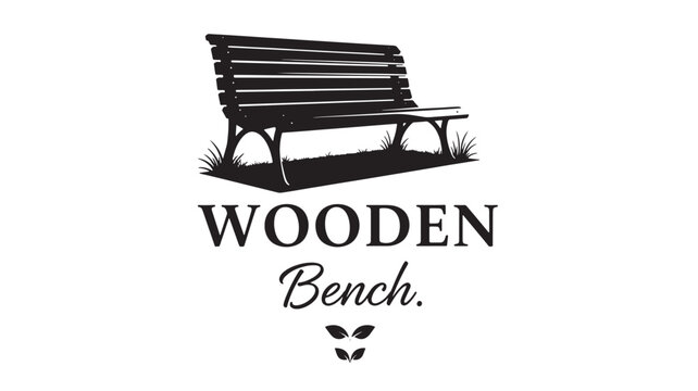 Wooden bench icon with slats, grass base, and premium outdoor logo typography for garden signage and branding featuring slatted wood, rustic,