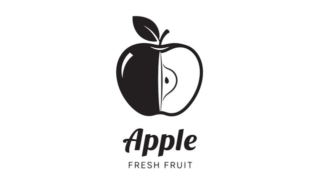 Apple fruit logo icon with black and white halves and leaf, fresh fruit branding for healthy lifestyle design featuring food, produce, farm with
