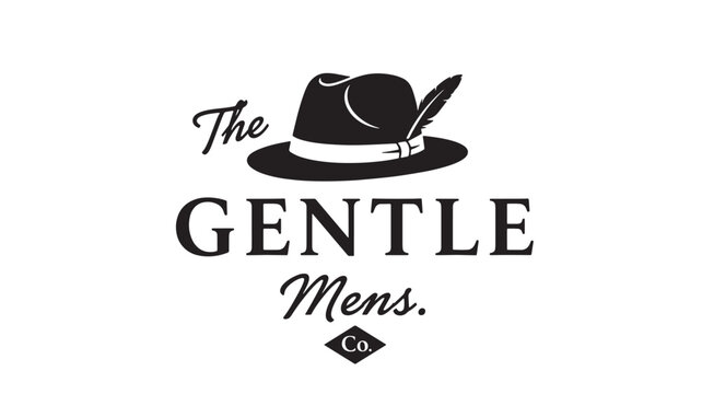 Hat logo for The Gentle Mens fashion brand with fedora silhouette, feather accent, and vintage premium typography featuring men style, ribbon band,