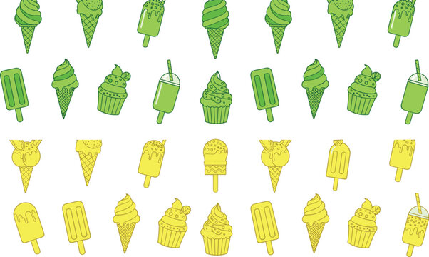 Ice cream and popsicle seamless pattern vector set featuring cones, cupcakes and frozen desserts in green and yellow colors, summer sweet food illustration collection