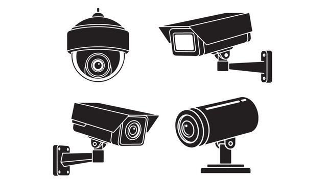 CCTV security camera icons set with black vector silhouettes and lens detail for surveillance and monitoring featuring closed circuit, detection,