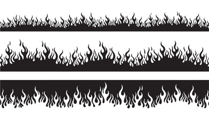 Fire flame border strips with black background and white stylized flames for biker, tattoo, and party banner designs featuring burning, blaze, heat © skakter24