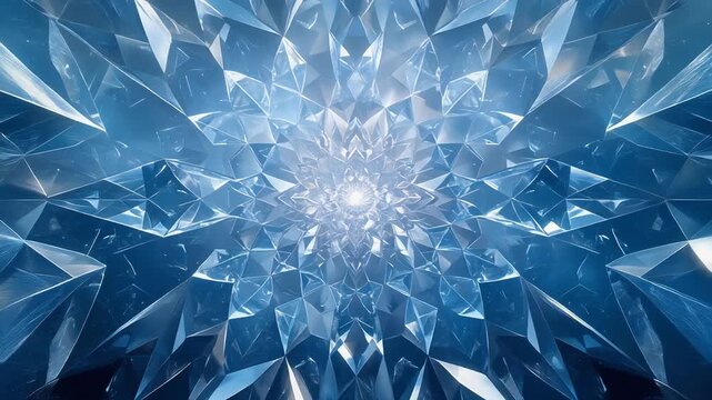 Symmetrical icy snowflake crystal pattern glowing in blue light creating abstract winter wallpaper background