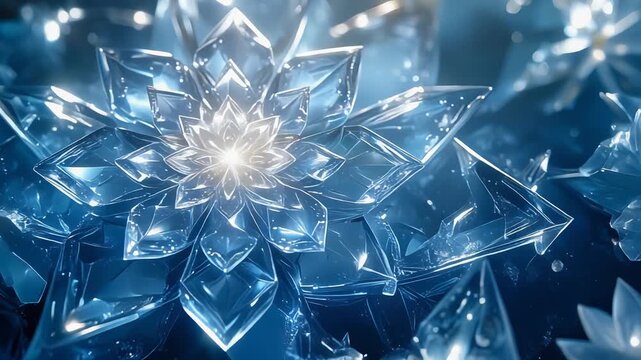 Shining crystal snowflake with glowing center on icy blue background forming elegant winter wallpaper