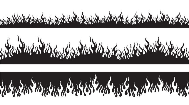 Fire flame border strips with black background and white stylized flames for biker, tattoo, and party banner designs featuring burning, blaze, heat