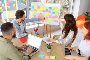 Group of young people discussing business plan at table with Kanban board in office